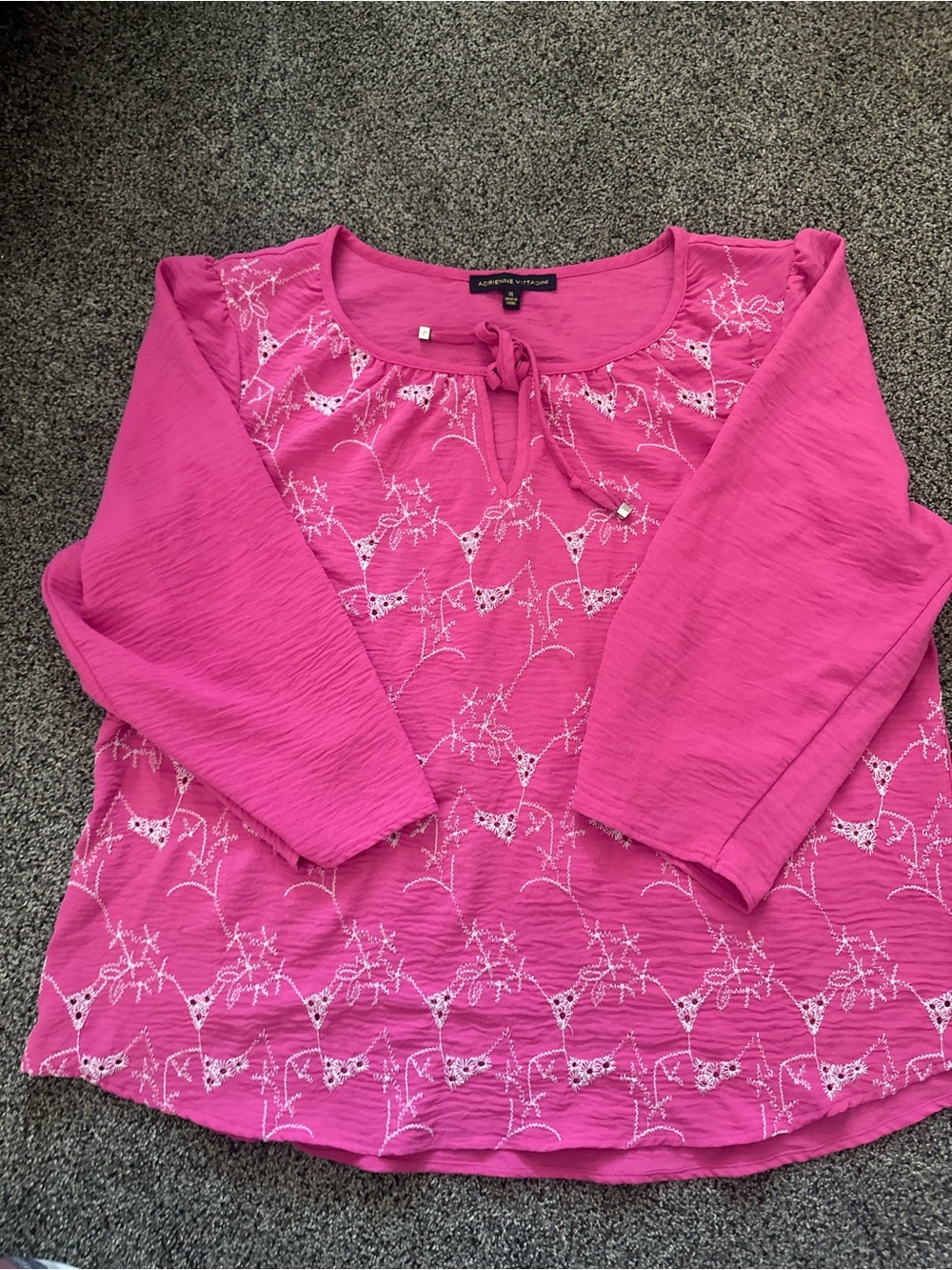 Adrienne Vittadini Pink Embroidered Tie-Neck Long Sleeve Top